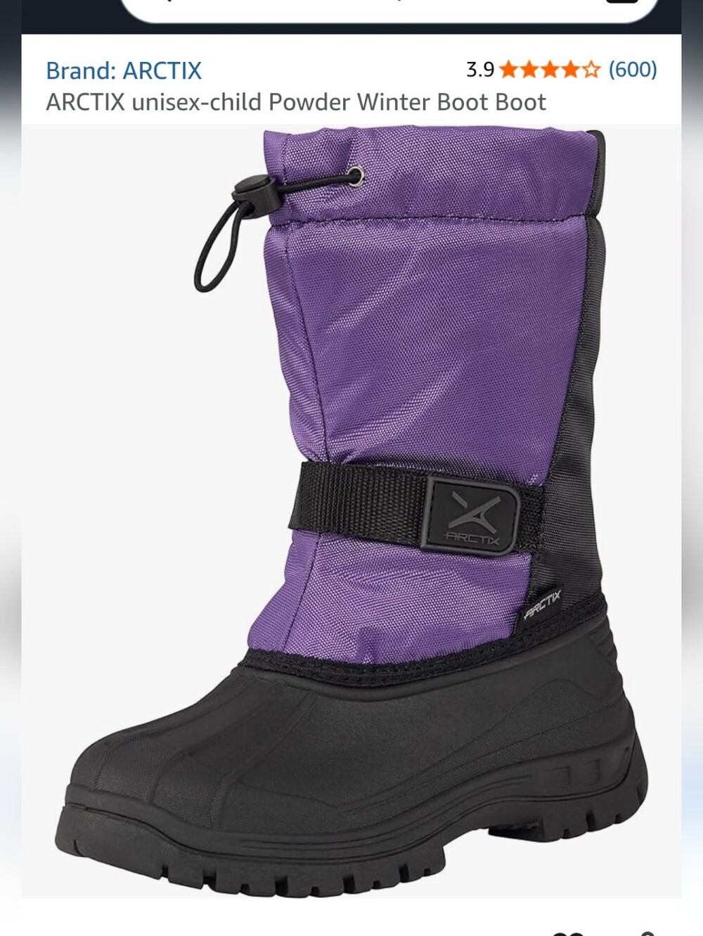 Arctix Purple and Black Kids Snow Boot with Hook-and-Loop Strap Size 12 NWT